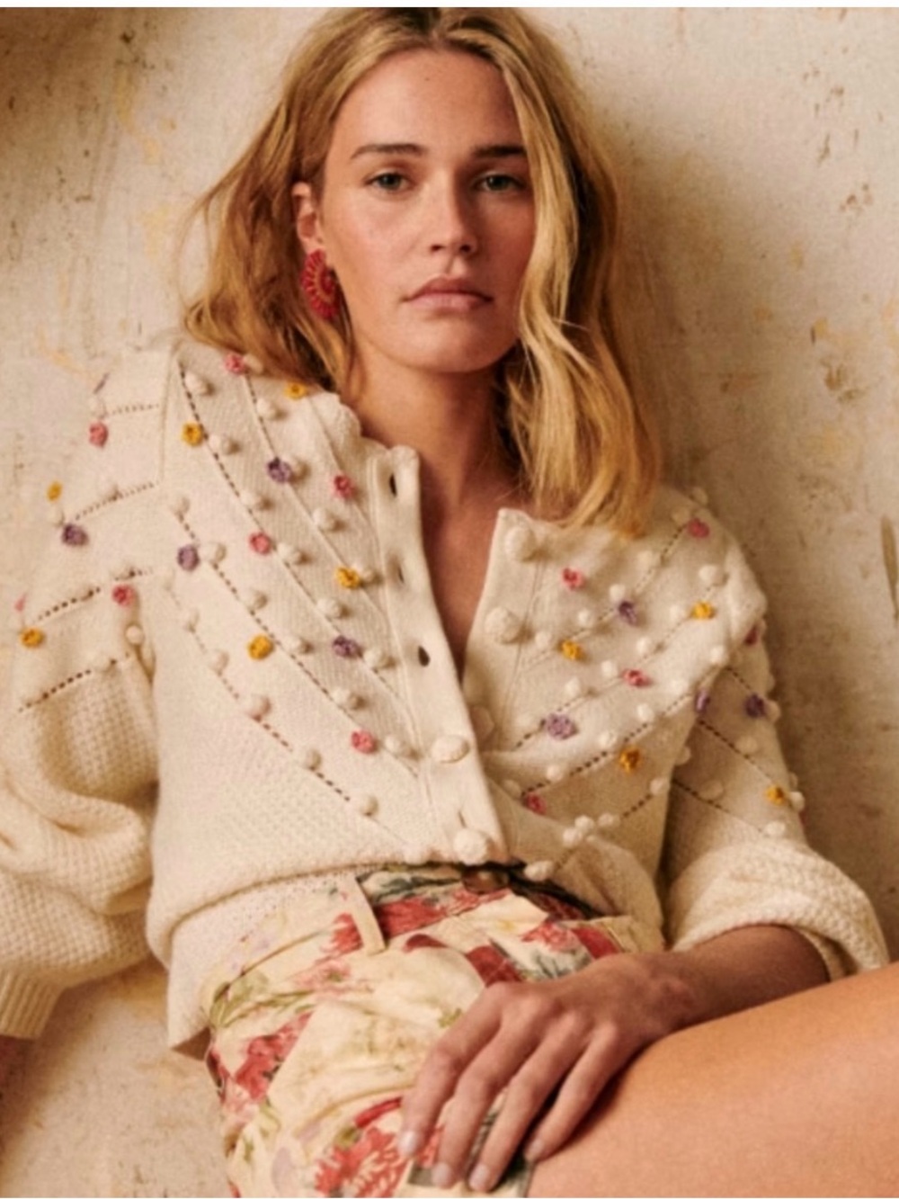 Sézane Jelani Cardigan Cream Multicolor Wool Blend Knit Sweater Cottagecore XS
